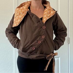 Unique Quilted Cotton Canvas High Collar Button Down Hooded Puffer Coat Jacket